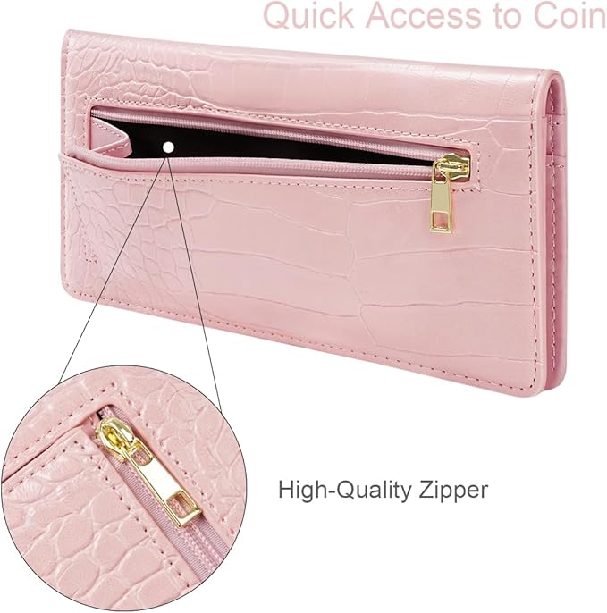 Wallet Women Bifold Faux Crocodile Leather Minimalist Slim Thin Long Wallets RFID Blocking Credit Cards Holder Purse with Back Zipper Coin Pocket for Women and Men,Pink