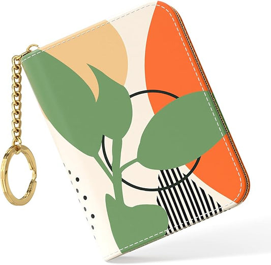 Nipichsha Credit Card Holder, Small RFID Card Wallet for Women, Slim Leather Card Holder Wallet, Credit Card Wallet Organizer, Pocket Business Card Case with Zipper & Keychain, Modern Abstract Art