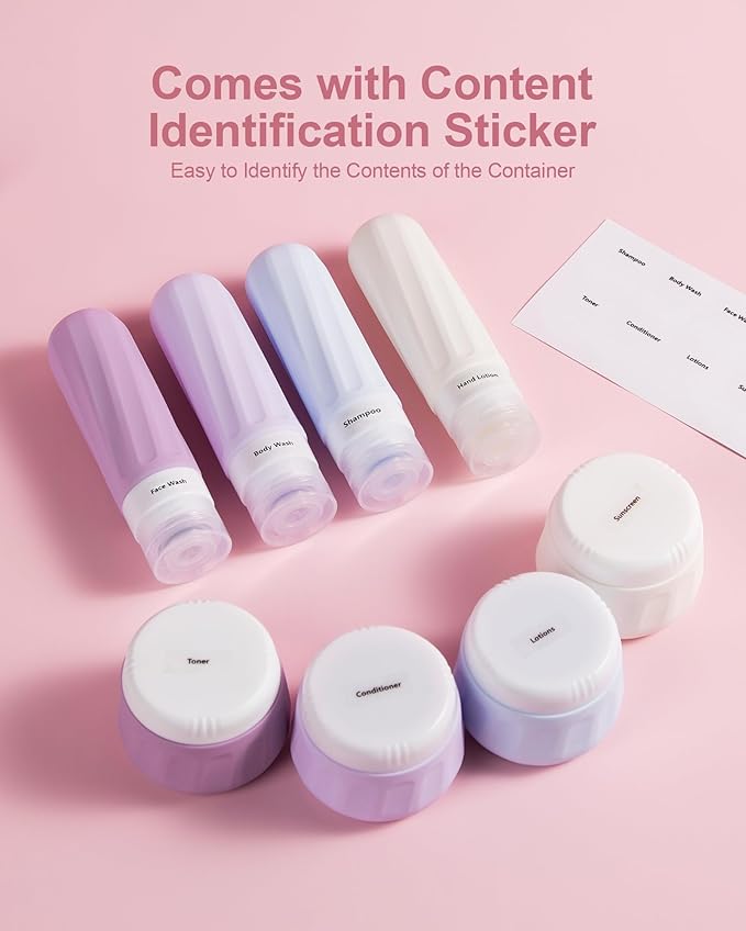Mrsdry Travel Size Toiletries 8 Pack, TSA Approved 3oz Silicone Squeeze Bottles & Cream Jars with Clear Travel Bag