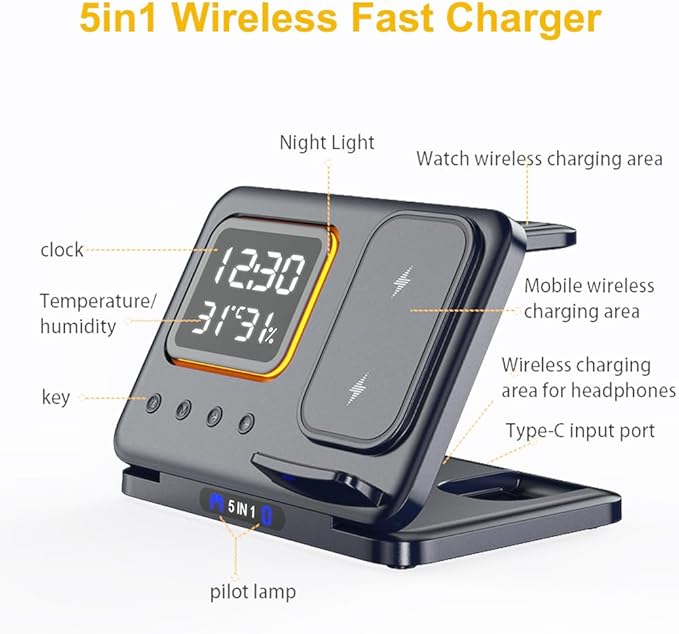 IHAO 5in1 Multi Functional Wireless Charging Station Digital Clock 15W Fast Charging Temperature Display Wireless Charger for All Qi Phone and TWS Headphone Compliant with Apple Watch-DH15 White