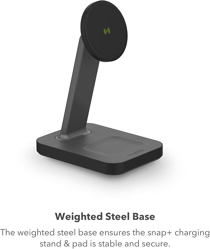 mophie Snap+ 2-in-1Charge Stand & Pad - 15w Wireless Charger Compatible with iPhones & AirPods, Includes Snap+ Adapter for Other Qi Enabled Phones, Steel Base, Adjustable Angles