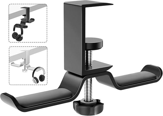 MoKo Headphone Hanger, Aluminum 360° Rotating Dual Headphone Stand Under Desk Headset Holder Earphone Mount with Adjustable Clamp for All Headphones,PC Gaming Headphone - Black