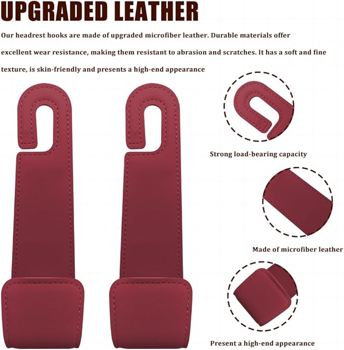 2PCS Car Seat Headrest Hooks, Purse Hook for Car, Automotive Headrest Handbags Holder, Auto Accessories Leather Seatback Organizer Hanger for Hanging Purses Bags Coats (Red, 2PCS)