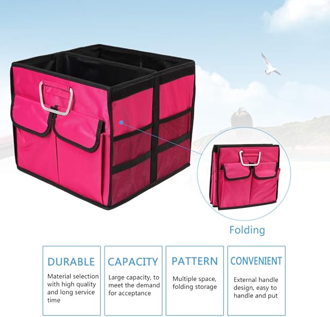 Car Trunk Organizer Collapsible Portable Multi Compartments Organizer with Non Slip Straps for SUV Truck Auto Vehicle Car Auto Minivan(Small without cover, Rose red)