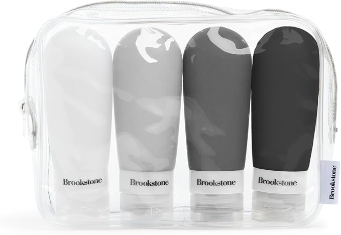 Brookstone Travel Bottles for Toiletries - 4 Pack 3.4 oz TSA Approved Leak Proof Refillable Silicone Travel Size Containers, Grey Black