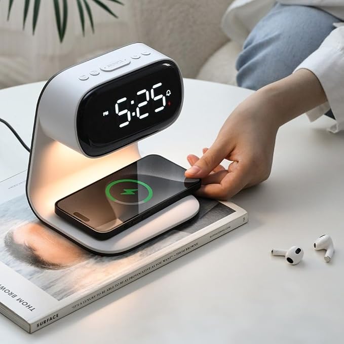 AYI 3in1 Wireless Charging Station with Alarm Clock & Night Light 15W Fast Charge for Phone & Earbuds Digital Clock with Dual Alarm 3-Level Dimmable LED Touch Lamp Large Display for Bedroom-A40