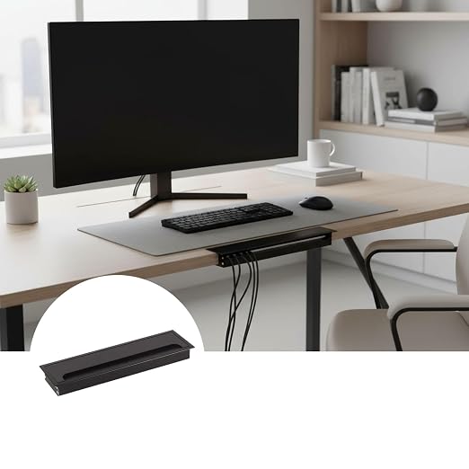 Desktop Cable Management Cover for Desk Organization - Aluminum Alloy Cable Box with Brush Seal (Black, 8.0x28.0x2.8 cm)