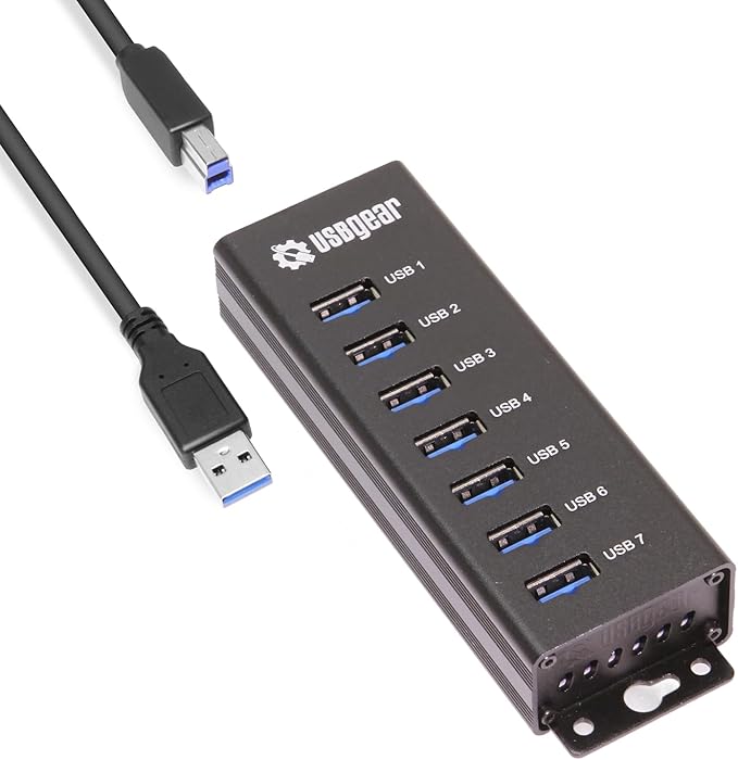 USBGear 7-Port USB Hub 3.2 Gen 1 – Mountable SuperSpeed Data Hub with USB Ports for Laptop, PC, Desktop, and More, 5V/4A Power Adapter with Type-A to Type-B Cable (3ft), Computer Accessories