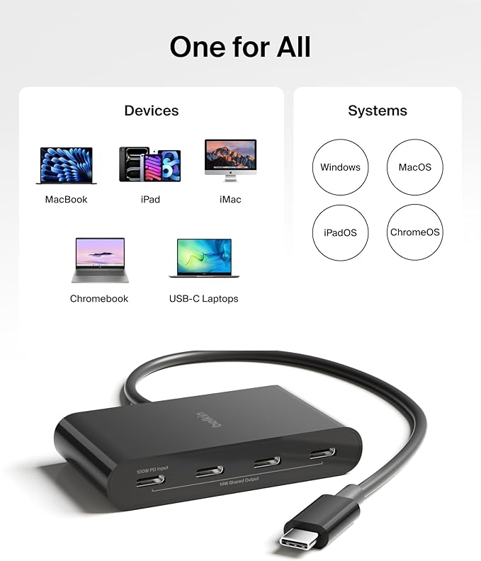Belkin Connect 4-Port USB-C Hub - USB C Hub Multiport Adapter Dongle with 4 USB-C 3.2 Gen 2 Ports - High-Speed 10G Data Transfer for Laptop, MacBook, iPad, PC, and More - 100W PD