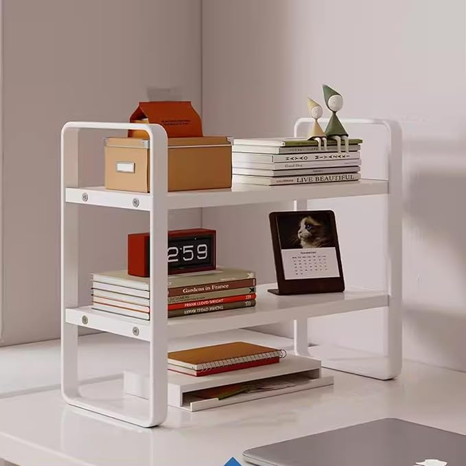 2 Tier Desktop Bookshelf, Office Desk Shelf Organizer, Metal Frame Wood Board Rack, Countertop Bookshelf for Office Supplies Display Rack, for Dorm, Home, School, Office(White,30cm/11.8")