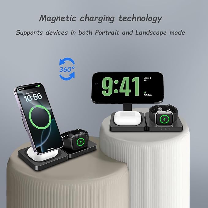 3 in 1 Wireless Charger Charging Stand Station Foldable for Mag-Safe Charging, 15W Fast Charge iPhone 17 Pro Max/17 Air/16/15/14 Plus/13/12 Mini,Air Pods,Apple Watch Series