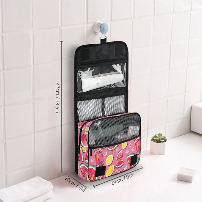 Hanging Travel Toiletry Bag Kit Boys Makeup Case Cosmetics Organizer for Men Women (Watermelon Slices Pink Lemonade)