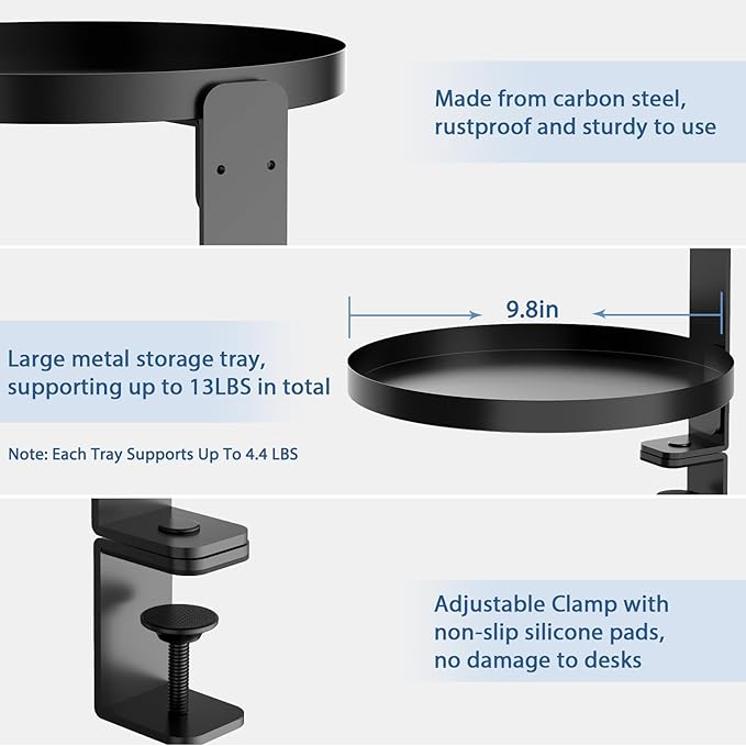 Swivel Clamp On Desk Shelf with 9.8in Adjustable Metal Storage Tray Above or Under Desk Storage 3-Tier Desk Extension Shelving Unit No Drilling Desktop Shelves for Max Desktop Thickness 2.4in