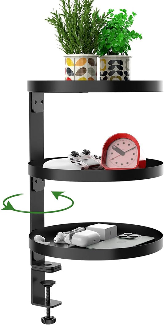 Swivel Clamp On Desk Shelf with 9.8in Adjustable Metal Storage Tray Above or Under Desk Storage 3-Tier Desk Extension Shelving Unit No Drilling Desktop Shelves for Max Desktop Thickness 2.4in