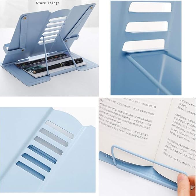 Metal Adjustable Book Stands, Adjustable Reading Stand Book Holder Stand Cookbook Reading Desk Portable Sturdy Bookstands - Music Books Textbooks Recipe, Blue