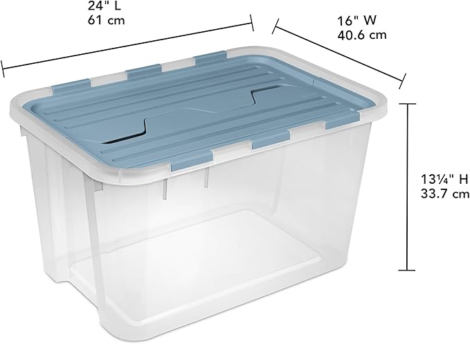 Sterilite 12 Pack Hinged Lid Storage Box, 60 Qt Plastic Container, Washed Blue - Home Organizer Tote for Storing Shoes, Crafts, Clothing, or Decor
