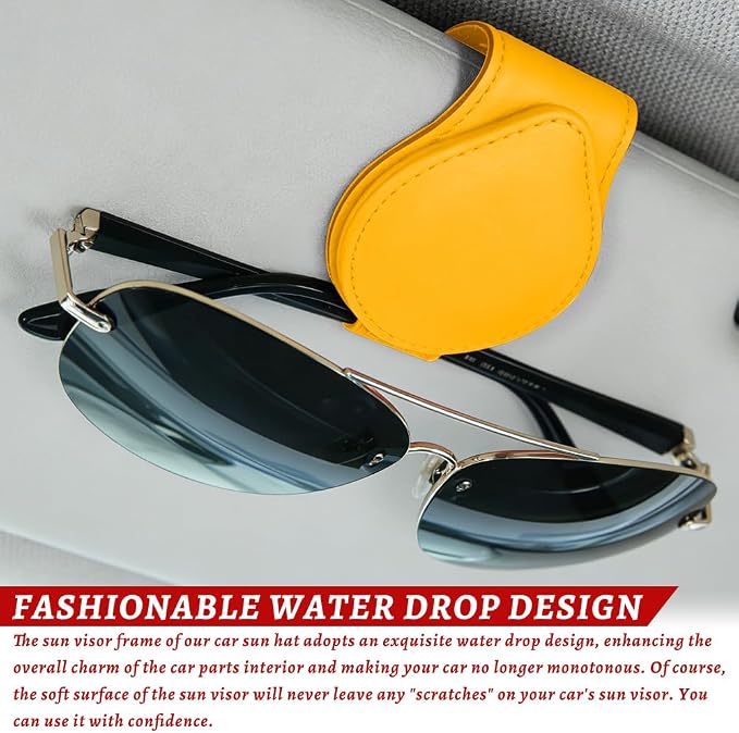 Sunglasses Holders for Car Visor, PU Leather Car Organizer, Magnetic Glasses Holder and Ticket Card Clip, Multi-Functional Auto Sun Visor Eyeglass Holder for Most Vehicles (Yellow)