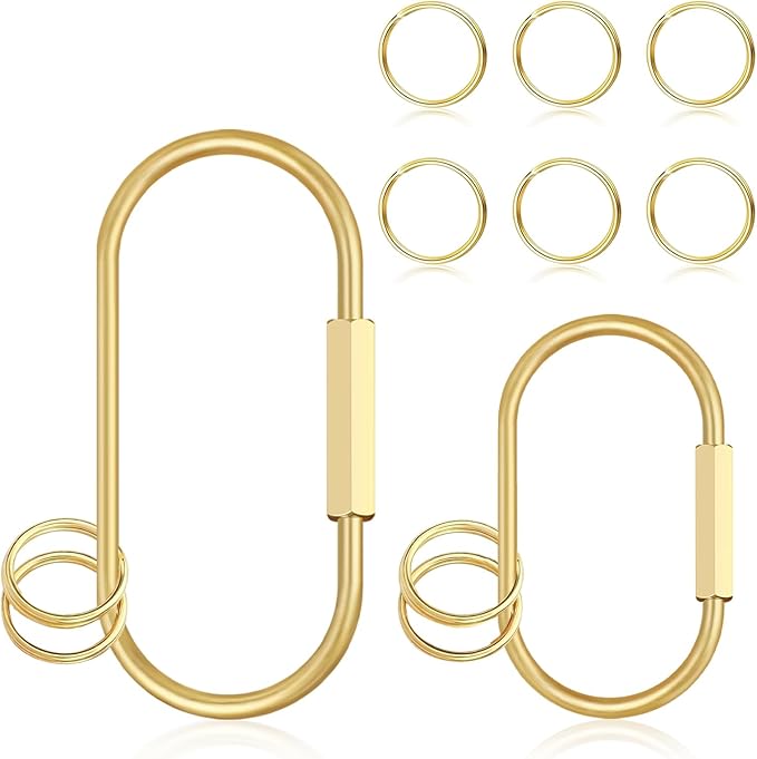 2Pcs Gold Brass Key Rings, Gold Carabiner with 10 O-Rings, Brass Screw Lock Keychain Clip for Keys Purse Bag Charms for Handbags