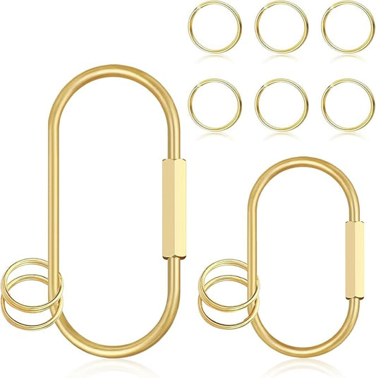 2Pcs Gold Brass Key Rings, Gold Carabiner with 10 O-Rings, Brass Screw Lock Keychain Clip for Keys Purse Bag Charms for Handbags
