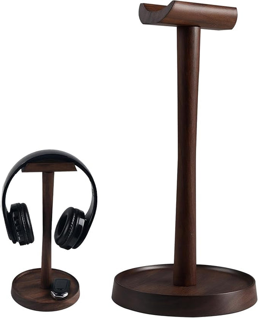 Wood Headphone Stand Headset Stand for Deak Universal Headphone Holder with Storgae Base Handcrafted Desk Organizer for Gaming Headsets(Black Walnut)