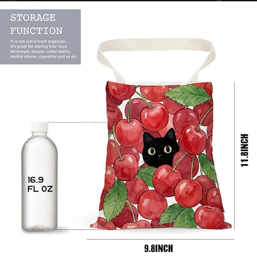Black Cat Car Trash Bag, Cherry Car Trash Bag Hanging, Cherry Accessories, Summer Decor Waterproof Cars Back Seat Hanging Organizer Garbage Can for Vehicle Travelling Camping