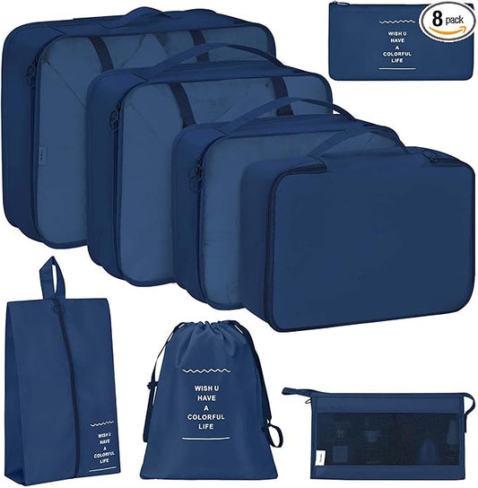 KPX 8 Set Packing Cubes for Travel, Luggage Packing Organizers Accessories Large Toiletries Bag for Clothes Shoes Cosmetics (Navy Blue)