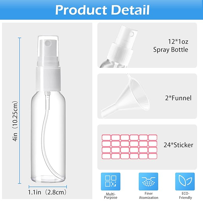 Zoizocp Spray Bottles, 1oz/30ml Clear Empty Fine Mist Plastic Mini Travel Bottle Set, Small Refillable Liquid Containers with 2pcs Funnels and 24pcs Labels (12 Pack)