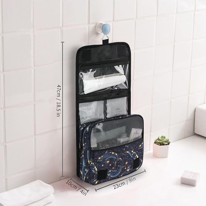 Hanging Travel Toiletry Bag Kit Boys Makeup Case Cosmetics Organizer for Men Women (Dolphin Starry Sky)