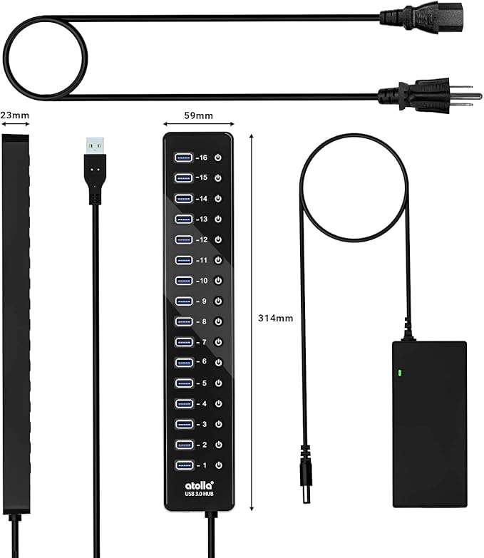 Power USB Hub 3.0, atolla 16 Port USB Splitter with 12V/6A Power Adapter and Individual Switches, High-Speed Data Transfer for Laptop, PC, Mac, and More Devices