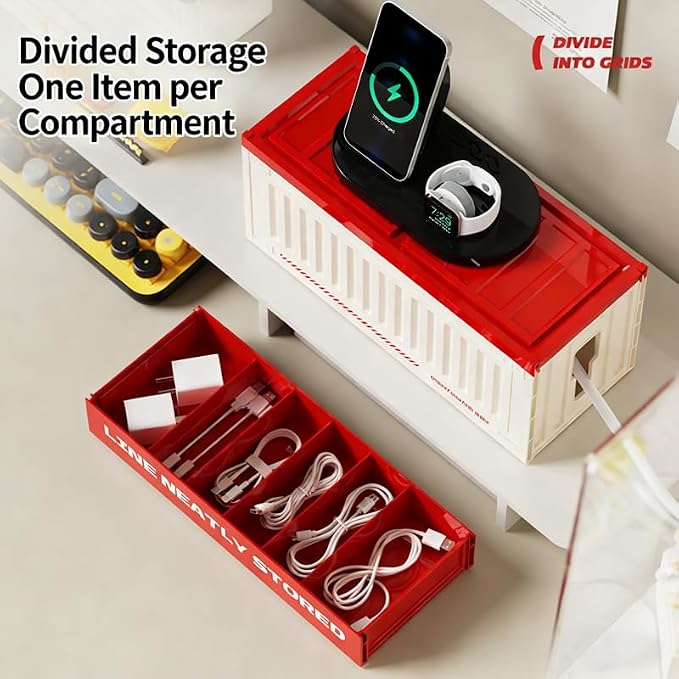 Cable Management Box with Shipping Container Design, Tall Cord Organizer for Desk and Floor, Large HIPS Wire Hider for Power Strip and Surge Protector, Red