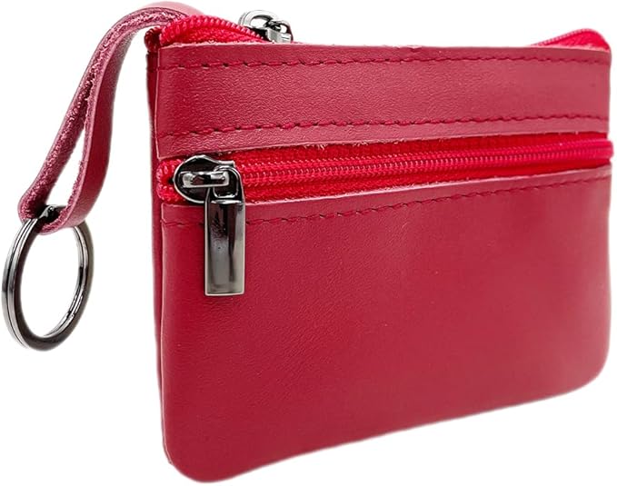 Freezx Women Genuine Leather Coin Pouch Zip Mini Purse Wallet Key Chain Double Zipper