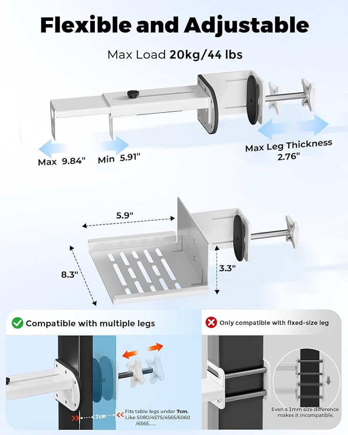 JOY worker Under Desk PC Mount for Standing Desk, Clamp-On Desk Leg Computer Mount, No Drilling, Adjustable Computer Case CPU Holder Holds Up to 44lbs, White PC Tower Mount