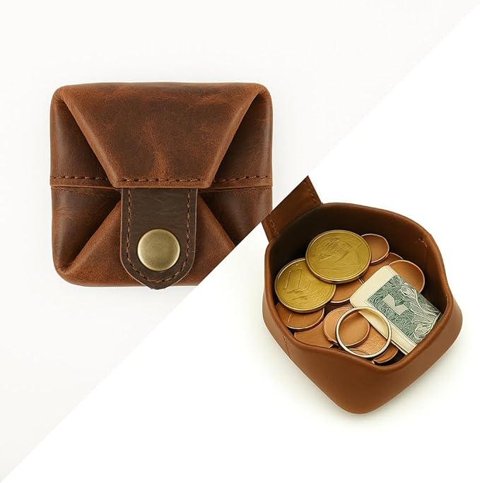 Leather Coin Pouch - Compact Change Holder and Mini Pocket Wallet for Men & Women (Brown)
