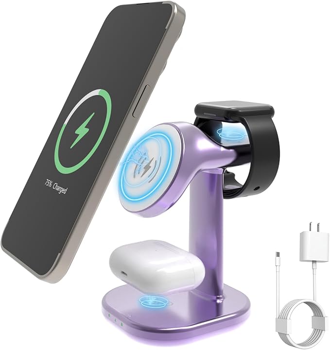Wireless Charging Station for Magsafe Charger Stand,Fast Wireless Charger for iPhone Stand,3 in 1 Magnetic Phone Charger for Apple Watch,for Airpods,for Magsafe Charging Station (Pink)