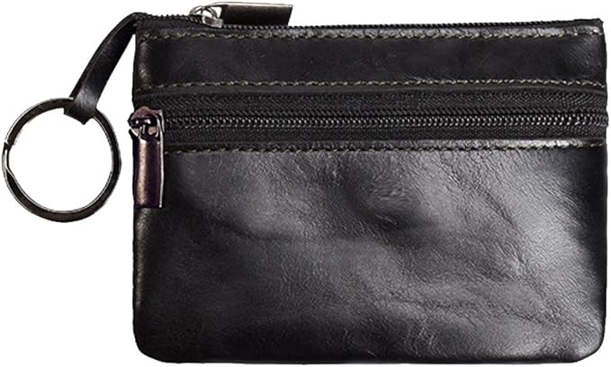 Hibate Black Small Leather Coin Purse Change Pouch for Women Men Kids with Zip Key Ring