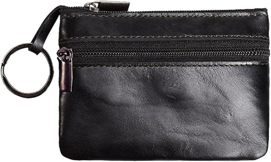 Hibate Black Small Leather Coin Purse Change Pouch for Women Men Kids with Zip Key Ring