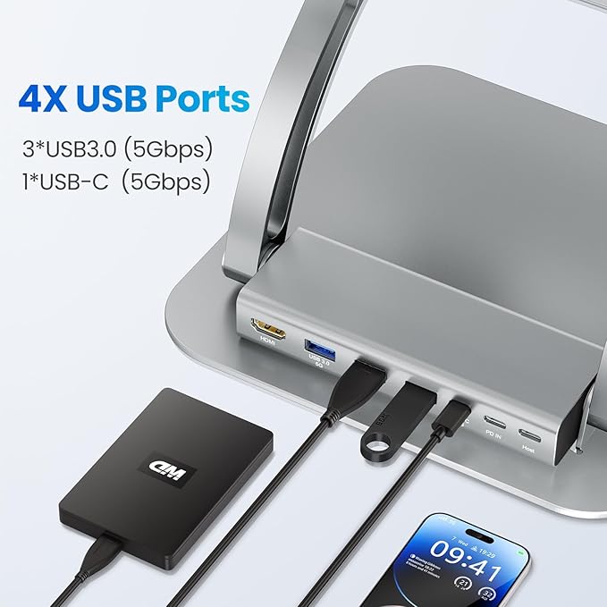tounee Laptop Stand with Detachable USB-C Hub, 100W PD Charging, 4K@60Hz HDMI, 3 USB Ports, Ergonomic Laptop Holder Docking Station for 10-17" Laptops, MacBook & More - Silver