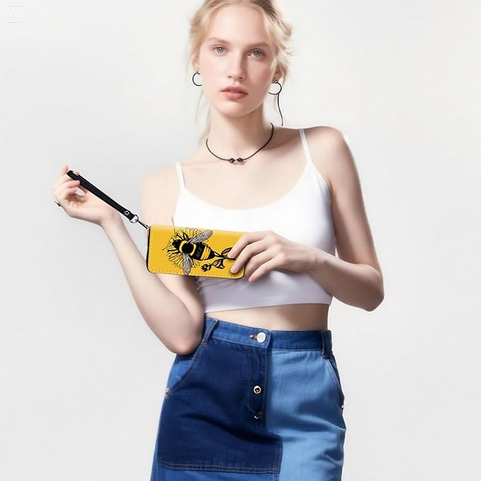 RFID-Blocking Zip Around Wallets for Women with Detachable Wrist Strap,Large Capacity Phone Holder with Card Organizer & Coin Pocket,Honeybee Flower
