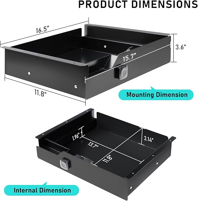 Under Desk Drawer with Biometric Fingerprint Lock, Metal Undermount Table Drawer, Slides out Tray Organizer for Paper, Pencil, and Laptop 16"x11.8"x3.6", Black
