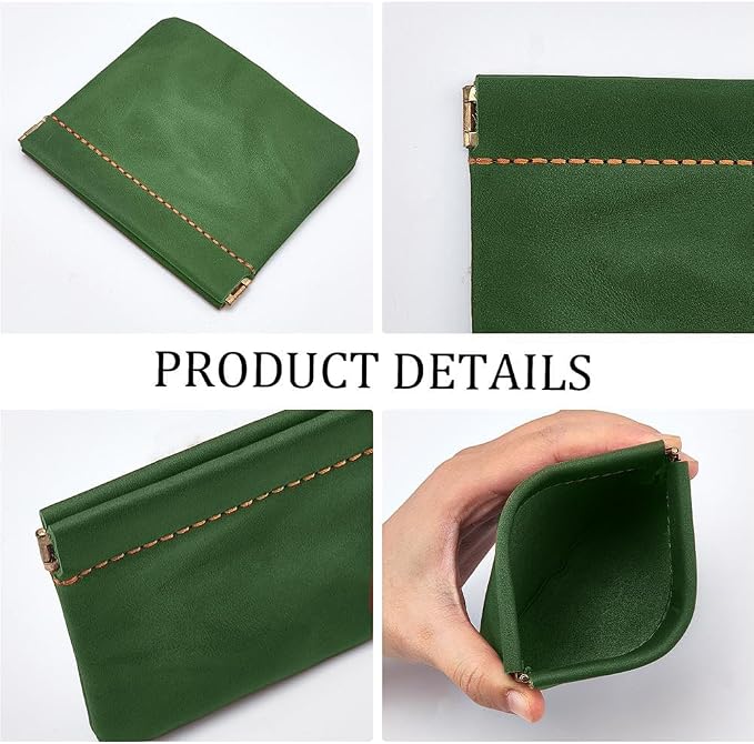 Genuine Leather Small Coin Pouch Change Bag Holder Pocket Cosmetic Bag Mini Squeeze Coin Wallet Purse Portable Cowhide Travel Makeup Lipstick Pouch Crimp Closure for Women Men
