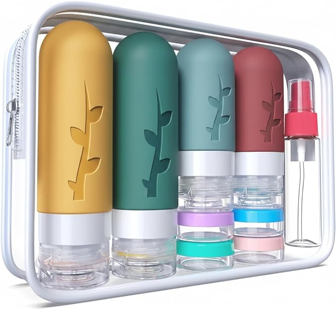 DEPOZA Travel Bottles Kit (16 Pack) - TSA Approved, Leak Proof Silicone Squeezable Containers for Toiletries. Complete Set with Jars, Sprayers & Bag (Wine Red)