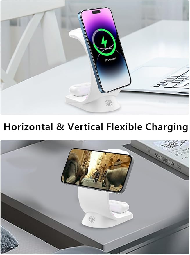 Mag-Safe 3 in 1 Wireless Charging Station, [6-Color RGB Light] 15W Fast Magnetic Wireless Charger Stand for Multiple Devices Apple, for iPhone 17/Air/16/15 Pro Max, for iWatch 2 to 9