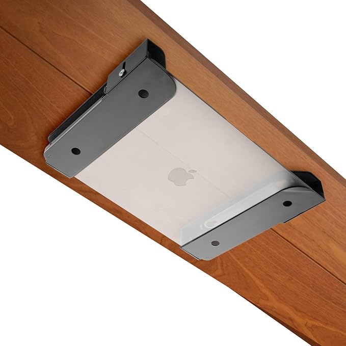 Wall Mount and Under Desk Mount Laptop Holder, Universal Laptop Storage Bracket for Devices Up to 1.18" Thick Macbooks, Surface, Keyboards, Tablets & More (Metal Black)