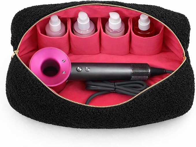 Plush Sherpa Hair Tool & Makeup Travel Bag for Skincare & Beauty Accessories (Black)
