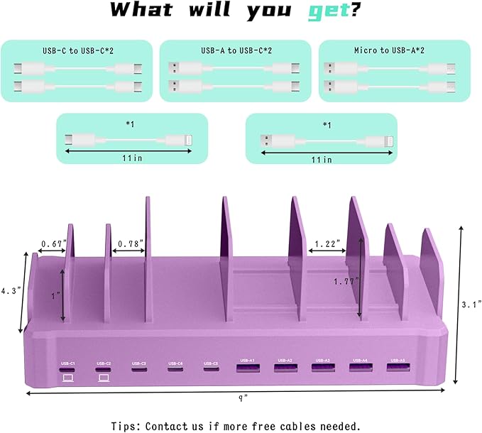 320W Charging Station for Multiple Devices, Zobirez 10-Port USB C Fast Charger Stations for MacBook, iPhone, Android Cell Phone, iPad, Tablet Family Multi-Device Organizer Charging Dock, Purple