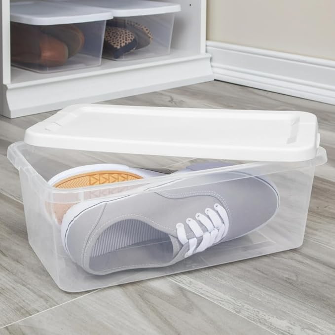 10‑Pack 6‑Quart Clear Plastic Storage Boxes with Snap‑On Lid – Durable Stackable Storage Bins for Home, Garage, Closet Organization, White Lid & Clear Body