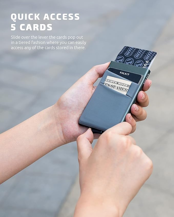 VULKIT Card Holder with Money Pocket Pop Up Wallet RFID Blocking Slim Metal Bank Card Case Holds 5 Cards and Notes