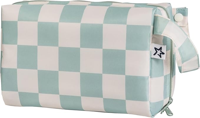 Tiny Twinkle Waterproof Travel Toiletry & Makeup Bag Organizer | Makeup Pouch with Multiple Compartments & Snap Handle for Travel | Gift for Teen Girls and Women（Sage Checkers