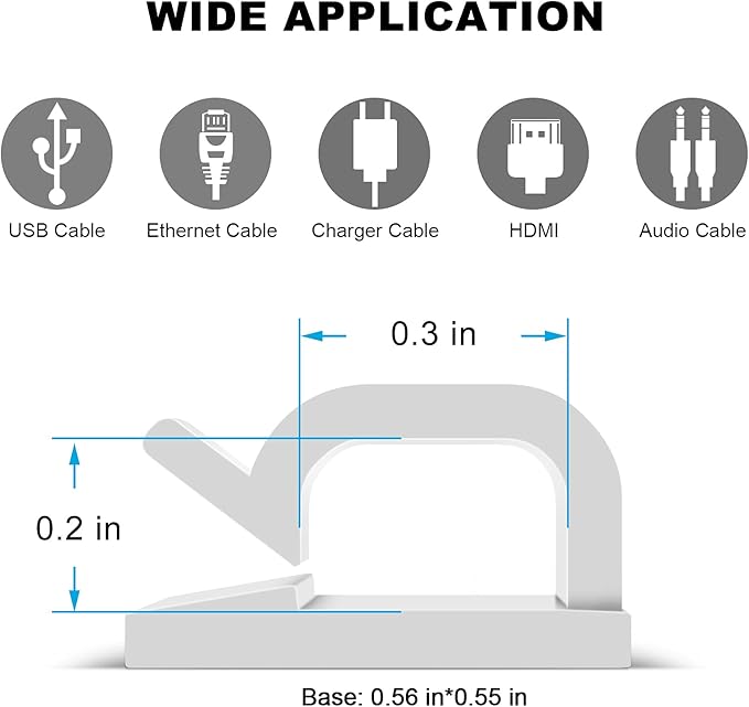 Adhesive Cable Clips White (60 PCS), Upgraded Wire Clips for Cable Management, Strong Cord Clips Wire Holders for The Wall, Under Desk, Led Strip, Electric Wires, Ethernet Cable Clips_Small