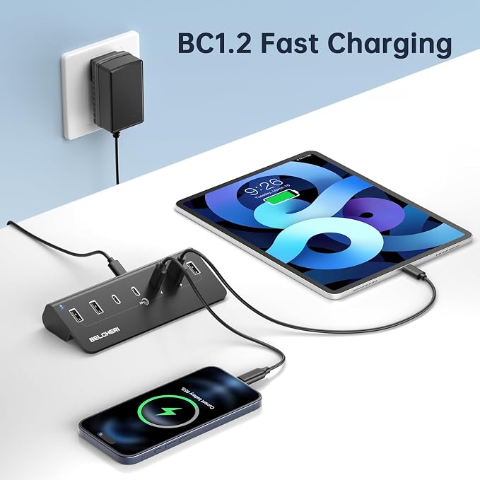 7-Port Powered USB Hub, 10Gbps High-Speed Data USB Splitter (4 USB-A and 3 USB-C Ports), Aluminum Hub with 5V/3A Adapter, for Laptop, MacBook, iPhone 16/15